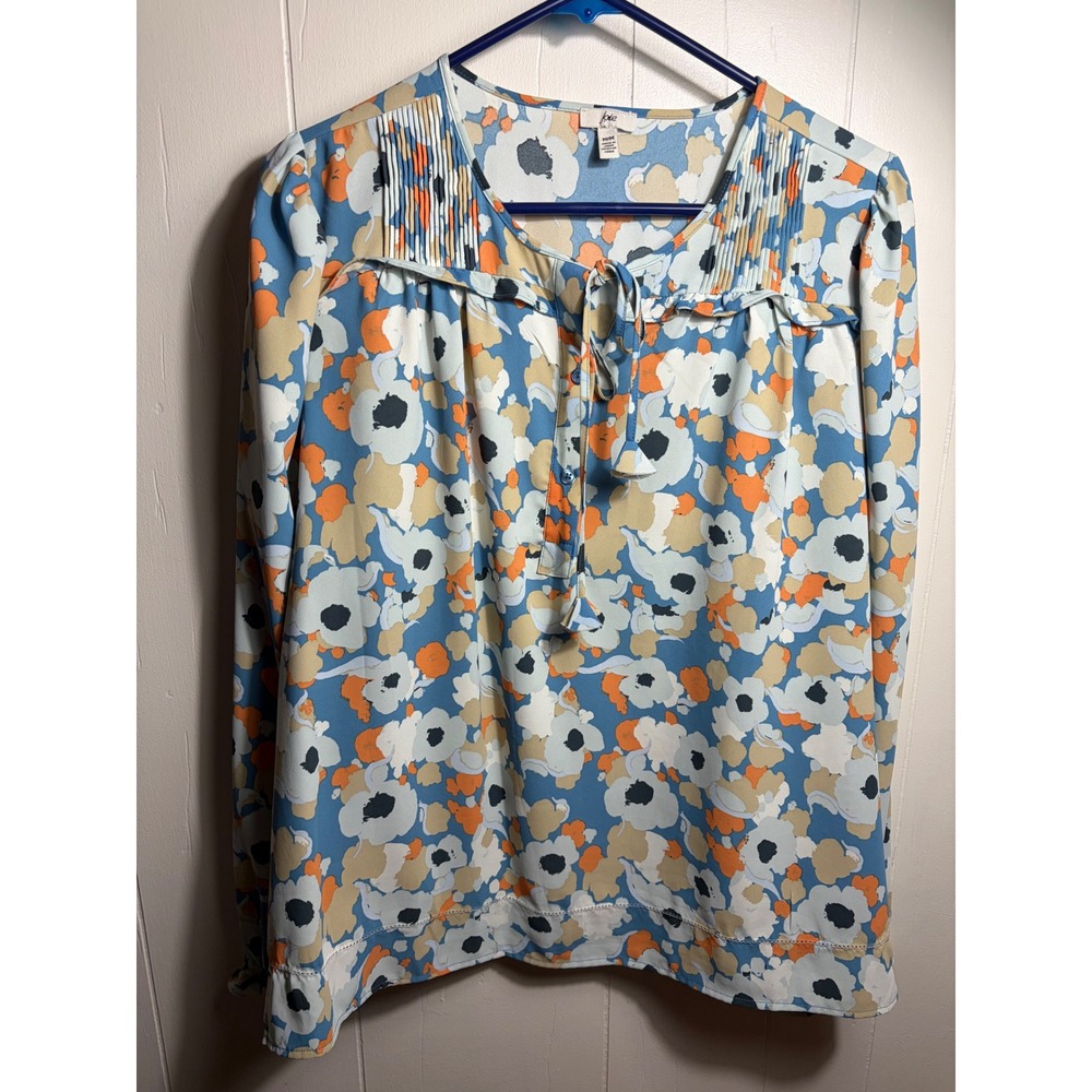 Joie Floral Field Blue Orange Pintuck Tie Neck Blouse IE7027PR Womens Medium